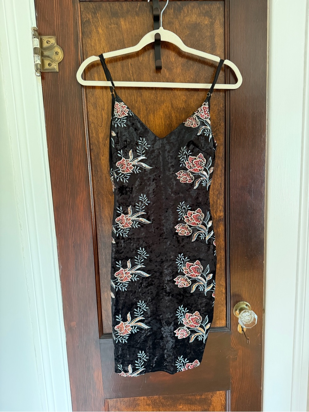 Lulus Black Floral Velvet Slip Dress with Pink Rose Embroidery